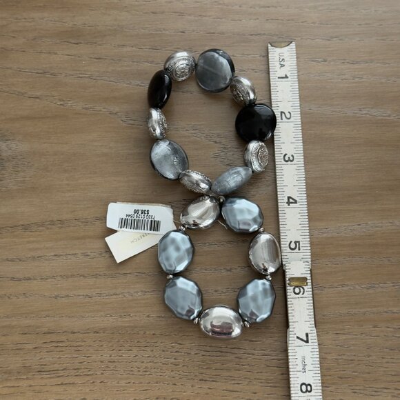 Vtg Chunky Gunmetal Black Silver Beaded Necklace Matching Set Stretch Bracelets - Picture 16 of 16